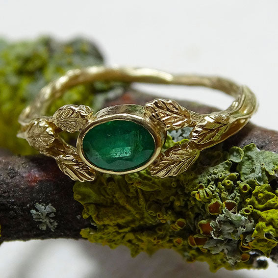 Entwining Leaves Ring, 6mm x 4mm Emerald, 9ct Gold