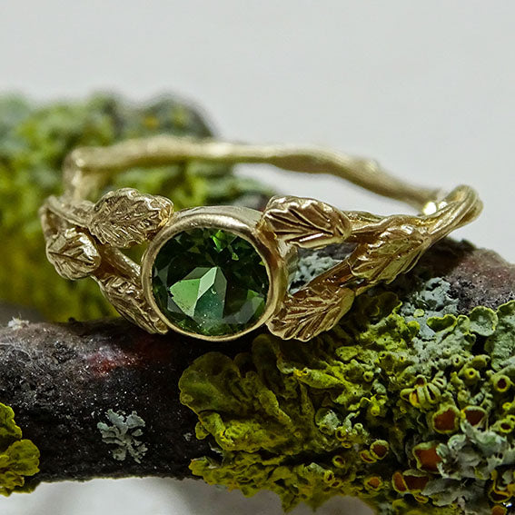 Entwining Leaves Ring, 5mm Green Tourmaline, 9ct Gold