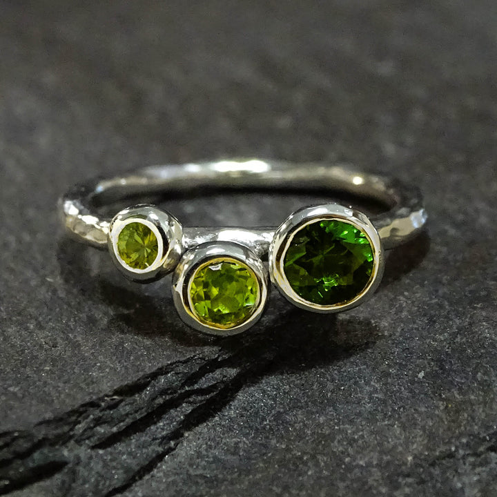 Pebble Cluster ring. 4.5mm Green Tourmaline, 3.5mm and 2.5mm Peridot