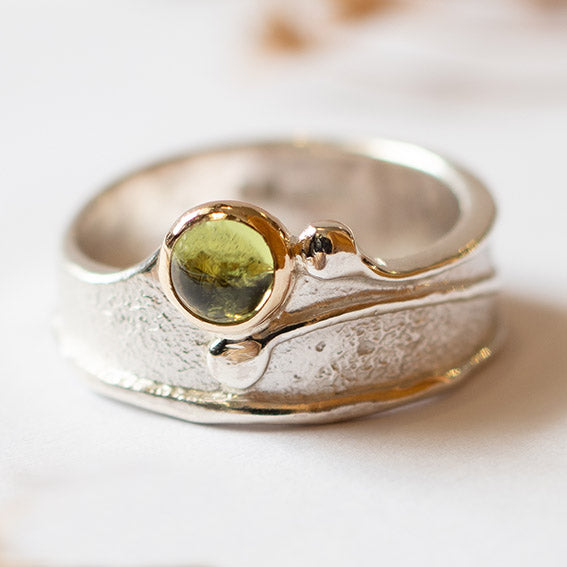 Wild Wood Tendril Ring, 5mm Peridot, Silver and 9ct Gold