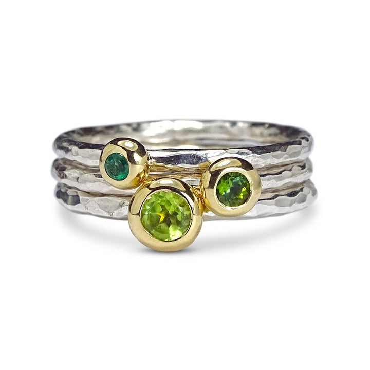 Pebble Rings Stack, Silver and 9ct Gold, 4.5mm Peridot, 3.5mm Green Tourmaline, 2.5mm Emerald