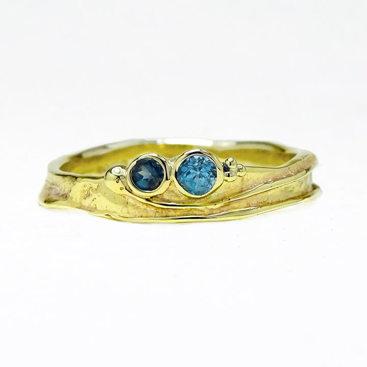 Narrow Wild Wood Tendril ring, Swiss and London Blue Topaz, 9ct Gold
