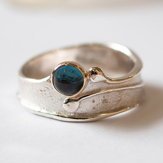 Wild Wood Tendril Ring, 5mm London Blue Topaz, Silver and 9ct Gold