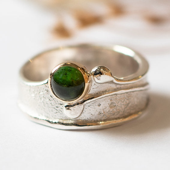 Wild Wood Tendril Ring, 5mm Green Tourmaline, Silver and 9ct Gold