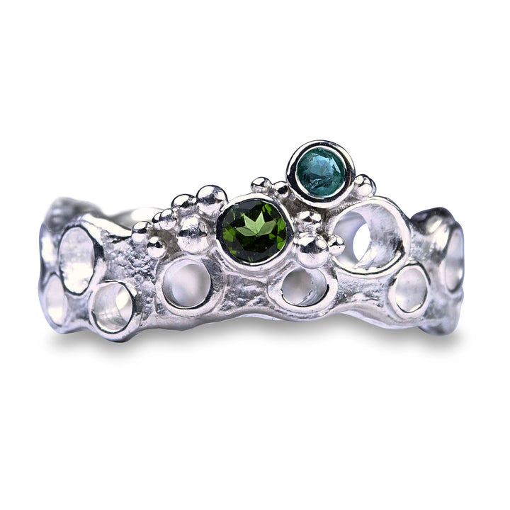 Erosion Ring, Emerald and Green Tourmaline