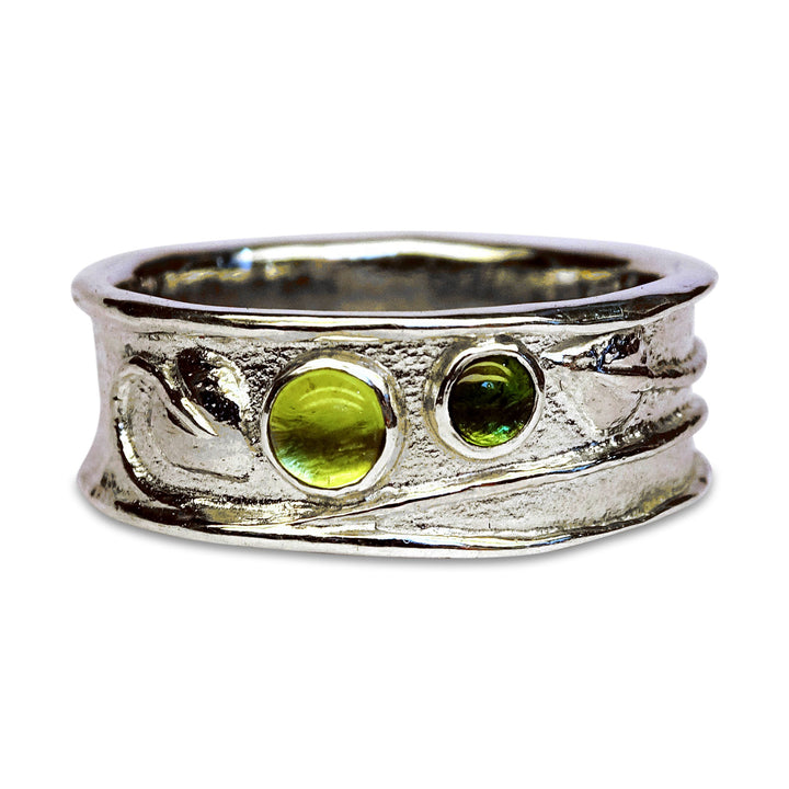 Wide Entwining Vine Ring, 6mm Peridot, 4mm Green Tourmaline