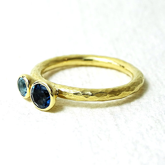 Duo Ring, 9ct Gold, 5mm London Blue Topaz, 4mm Swiss Blue Topaz