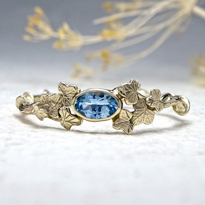 Entwining Ivy leaves ring with Aquamarine