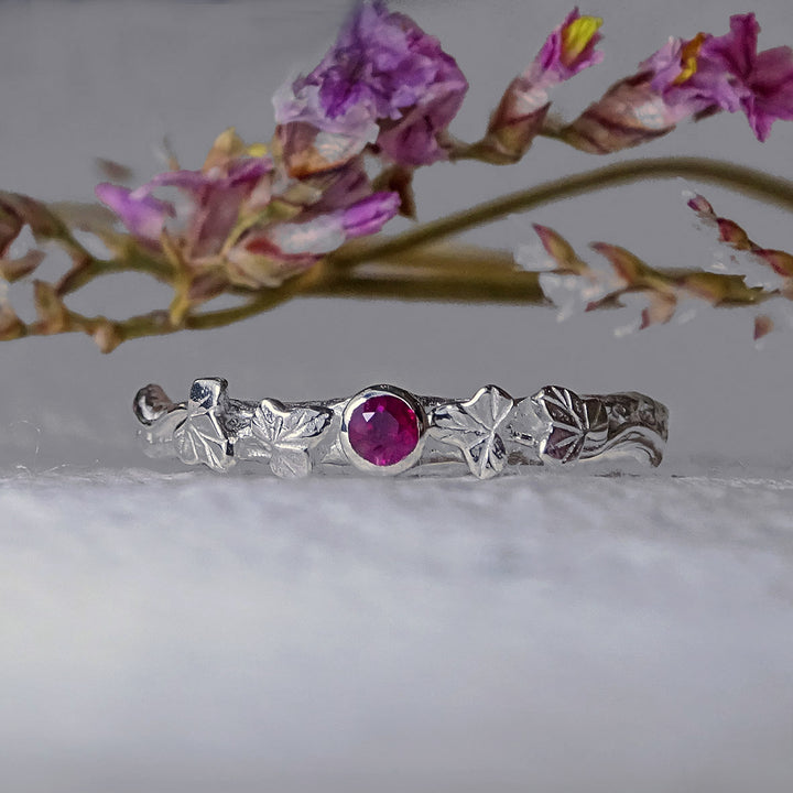 Entwining Ivy Leaves ring, 2.5mm Ruby, Sterling silver