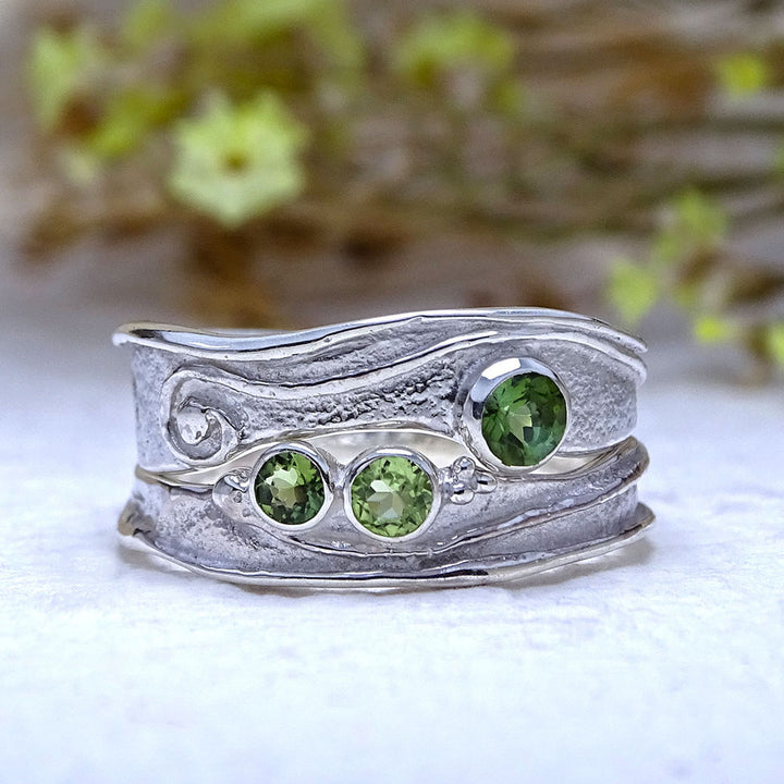 Wild Wood Tendril and Spiral ring set, Peridot and Green Tourmaline