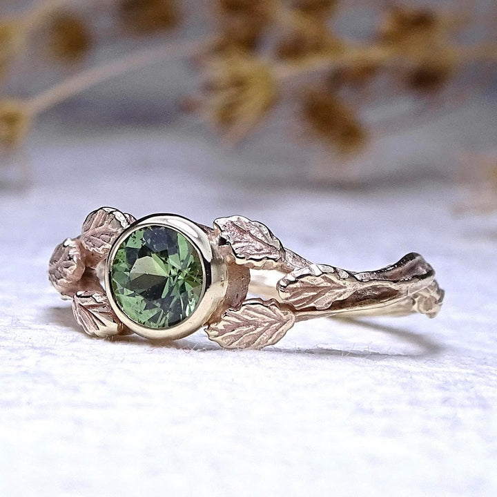 Entwining Leaves ring, 5mm Green Sapphire, 9ct yellow gold