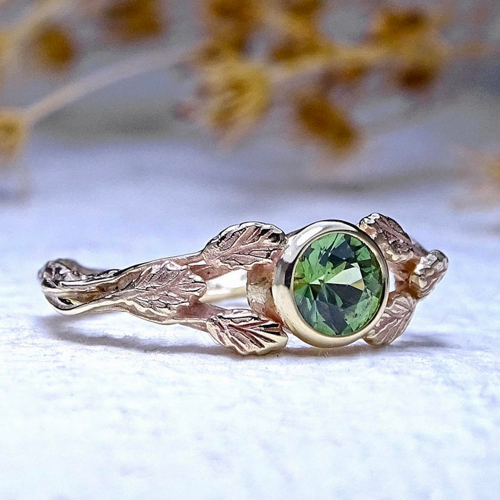 Entwining Leaves ring, 5mm Green Sapphire, 9ct yellow gold