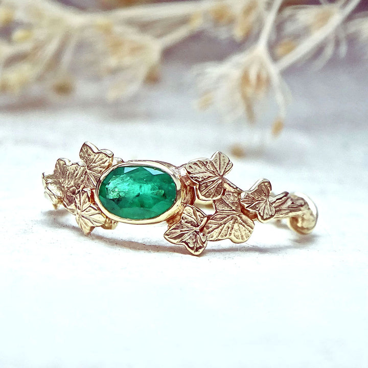 Entwining Ivy Leaves ring, 6mm x 4mm Emerald, 9ct yellow gold