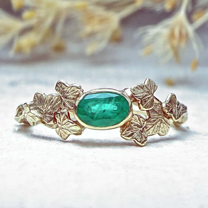 Entwining Ivy Leaves ring, 6mm x 4mm Emerald, 9ct yellow gold