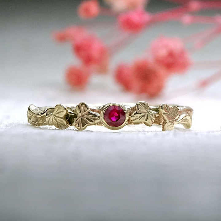 Entwining Ivy Leaves ring, 2.5mm Ruby, 9ct gold