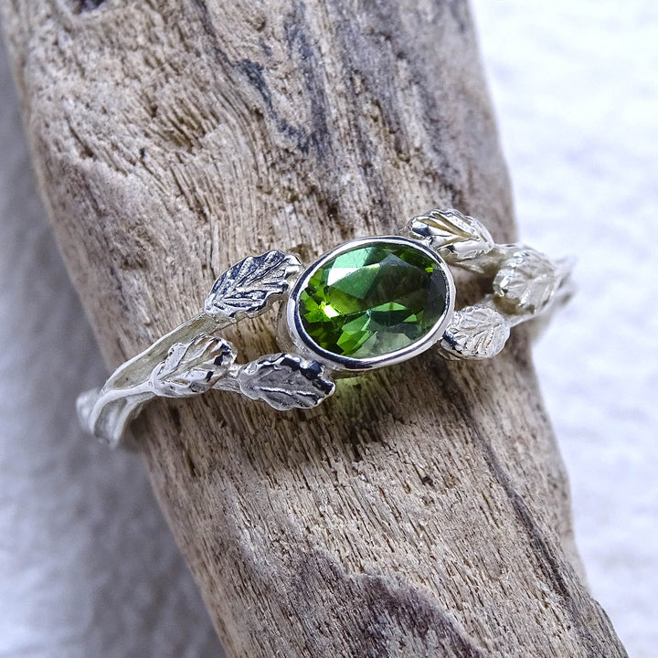 Entwining Leaves ring, 9ct white gold, 6mm x 4mm Green Tourmaline