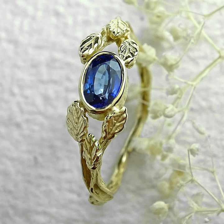 Entwining Leaves ring, Sapphire 6mm x 4mm, 9ct yellow gold