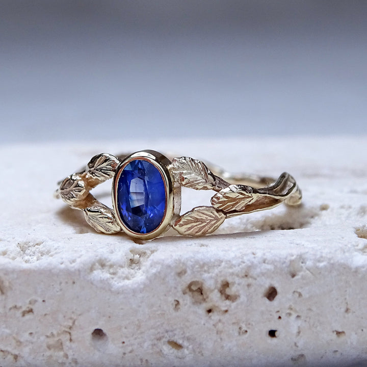 Entwining Leaves ring, 6mm x 4mm Sapphire, 9ct gold