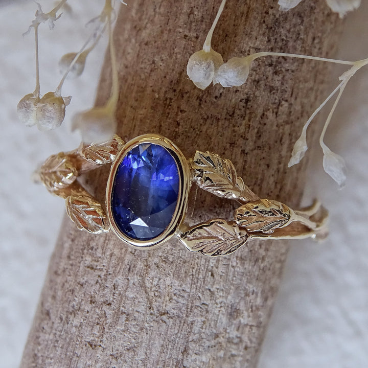 Entwining Leaves ring, 6mm x 4mm Sapphire, 9ct gold