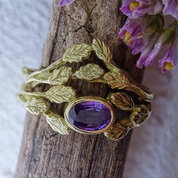 Entwining Leaves ring, Purple Sapphire 6mm x 4mm, 18ct yellow gold