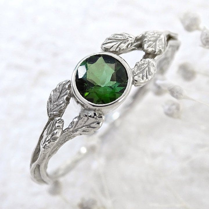 Entwining Leaves ring, 5mm Green Tourmaline, 9ct white gold