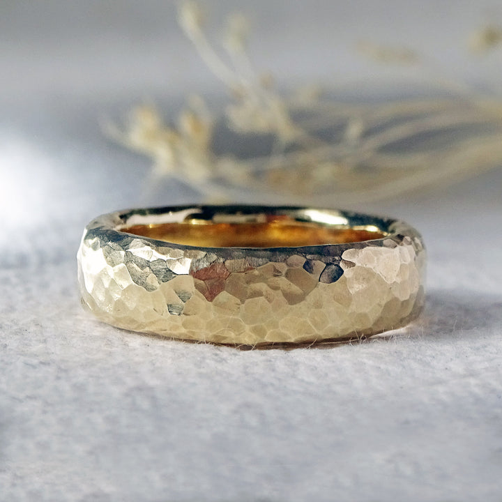 Hammered Wide Oval Profile Ring 6mm x 3mm, 9ct Gold