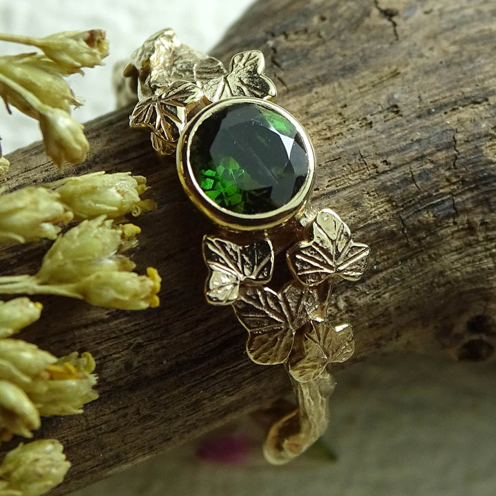 Entwining Ivy Leaves ring, Green Tourmaline, 5mm, 9ct gold
