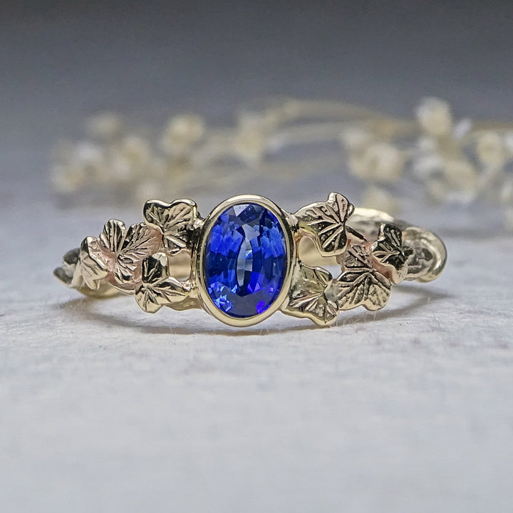 Entwining Ivy Leaves ring, 6mm x 4mm Sapphire, 9ct yellow gold