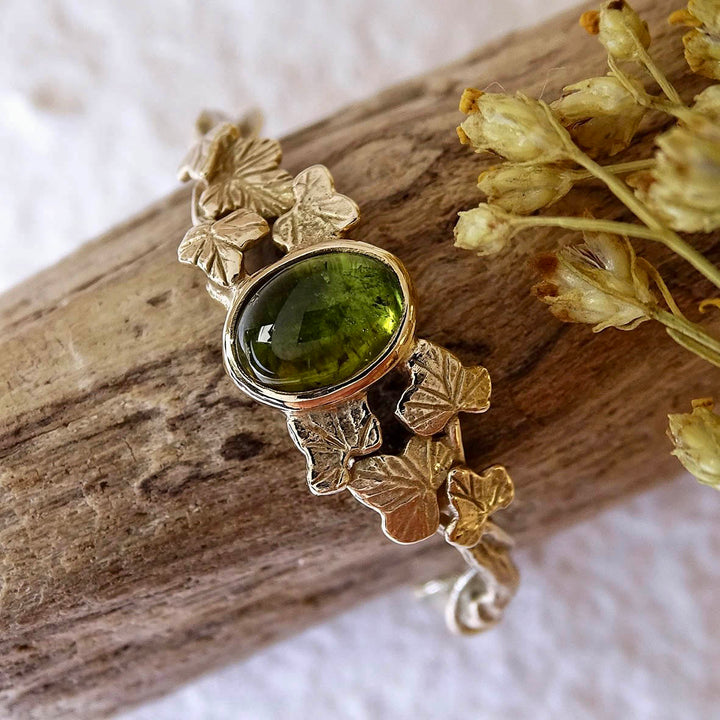 Entwining Ivy Leaves ring. Green Tourmaline cabochon, 9ct gold