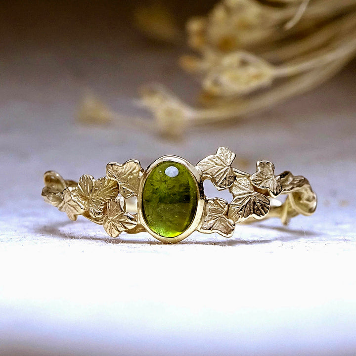 Entwining Ivy Leaves ring. Green Tourmaline cabochon, 9ct gold