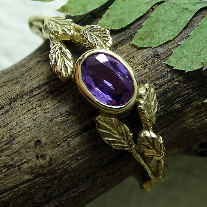 Entwining Leaves ring, Purple Sapphire 6mm x 4mm, 9ct gold