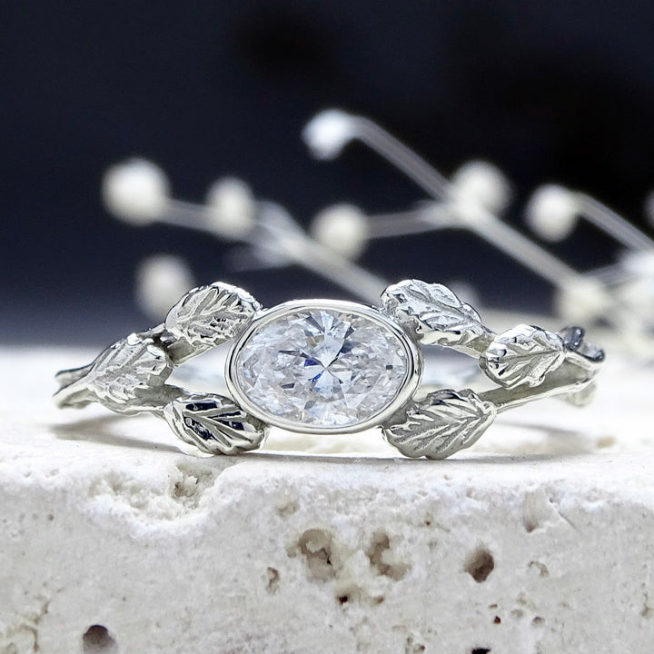 Entwining Leaves ring, 6mm x 4mm lab grown Diamond, 9ct white gold