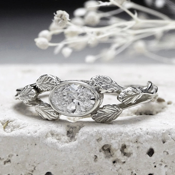 Entwining Leaves ring, 6mm x 4mm lab grown Diamond, 9ct white gold