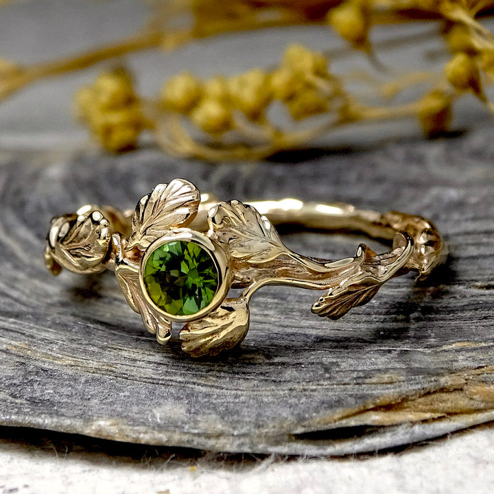 Entwining Leaves ring, 9ct yellow gold, 4mm Green Tourmaline