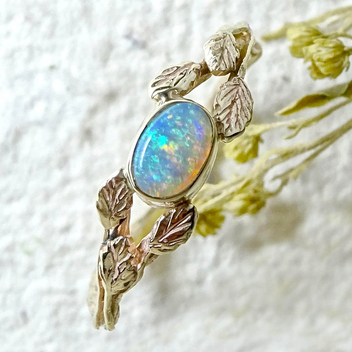 Entwining Leaves ring, Opal 6mm x 4mm, 9ct gold