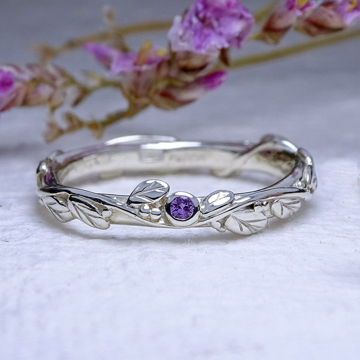 Entwining Leaves ring, 1.75mm Purple Sapphire. 9ct white gold