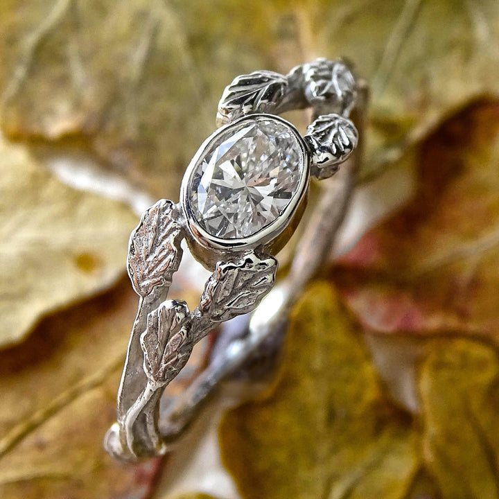 Entwining Leaves,6mm x 4mm lab grown Diamond, Sterling Silver