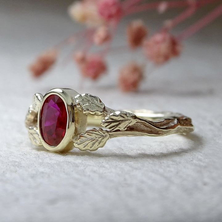 Entwining Leaves ring, 6mm x 4mm Ruby, 9ct yellow gold