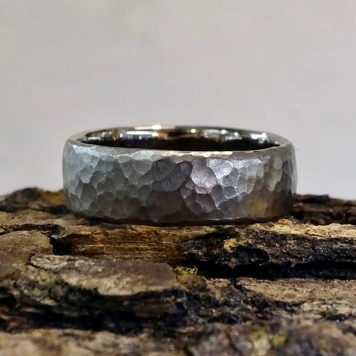 Hammered ring, 6mm x 2mm oval profile, 18ct Palladium rich 18ct white gold