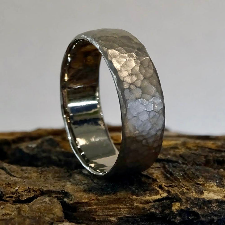 Hammered ring, 6mm x 2mm oval profile, 18ct Palladium rich 18ct white gold