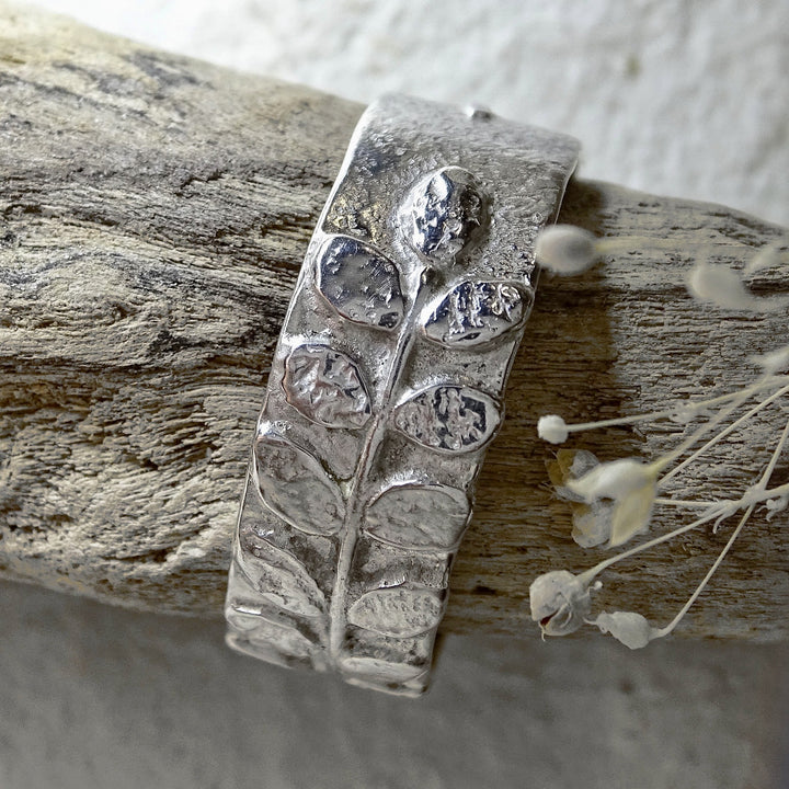 Wild Wood Rowan Leaves ring, wide, silver