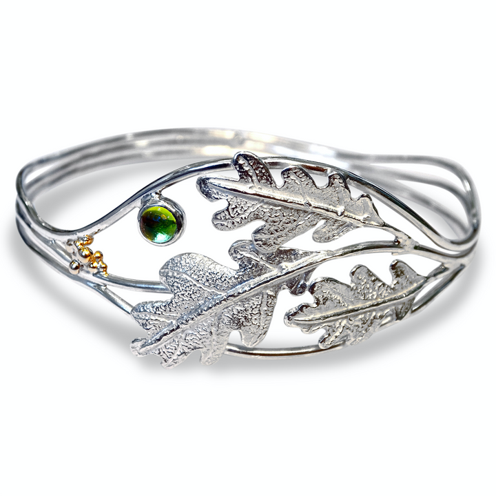 Oak Leaves Forest Bangle, Silver and Gold, Peridot
