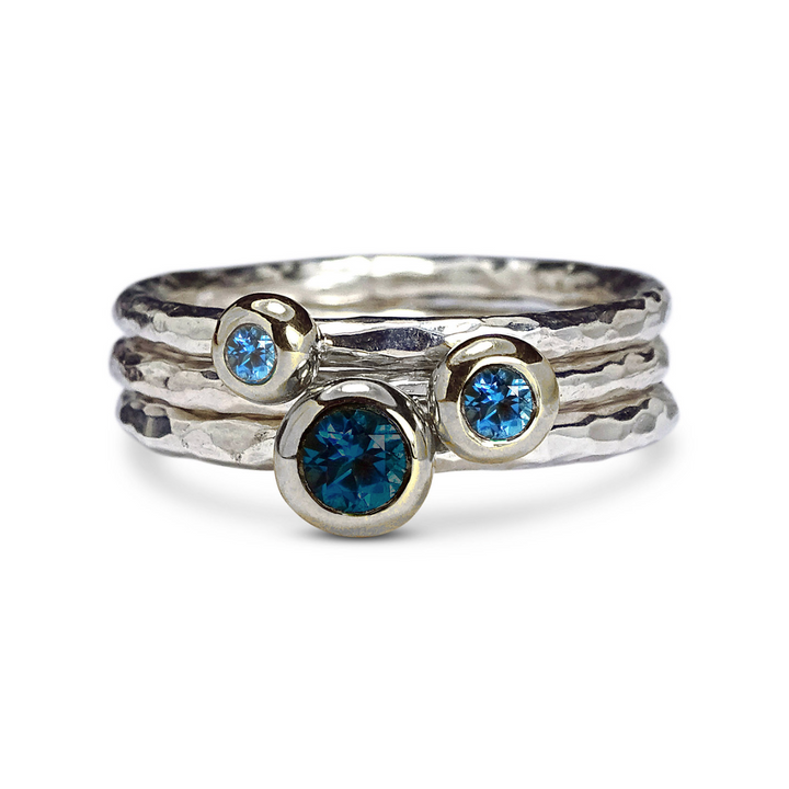 Pebble Rings Stack, Silver, 4mm London, 3.5mm and 2.5mm Swiss Blue Topaz