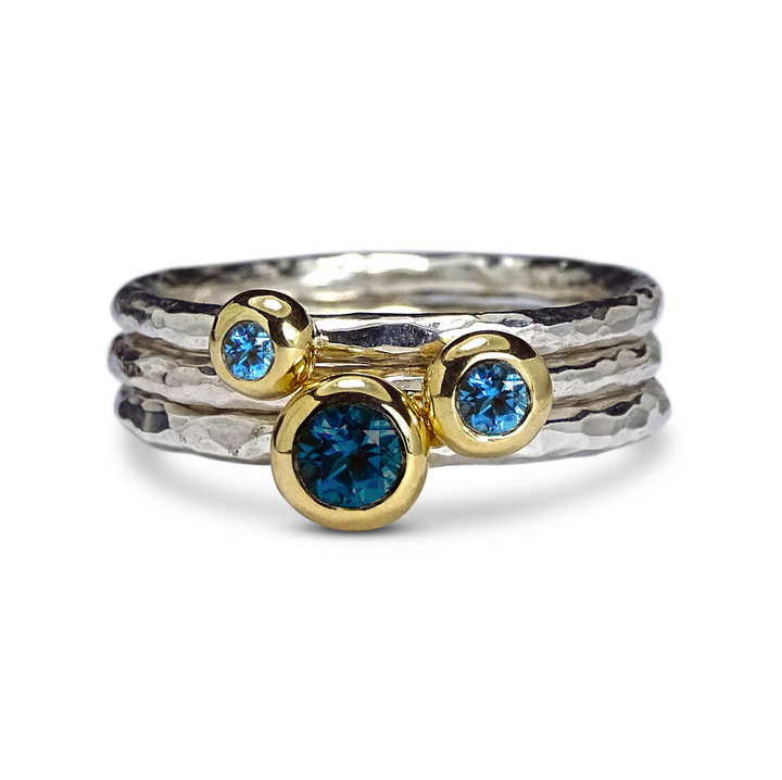 Pebble Rings Stack, Silver and 9c Gold, 4mm London, 3.5mm and 2.5mm Swiss Blue Topaz
