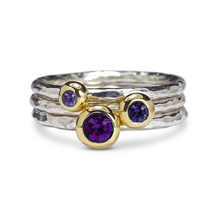 Pebble Rings Stack, Silver and 9ct Gold, 4mm Amethyst, 3.5mm and 2.5mm Tanzanite