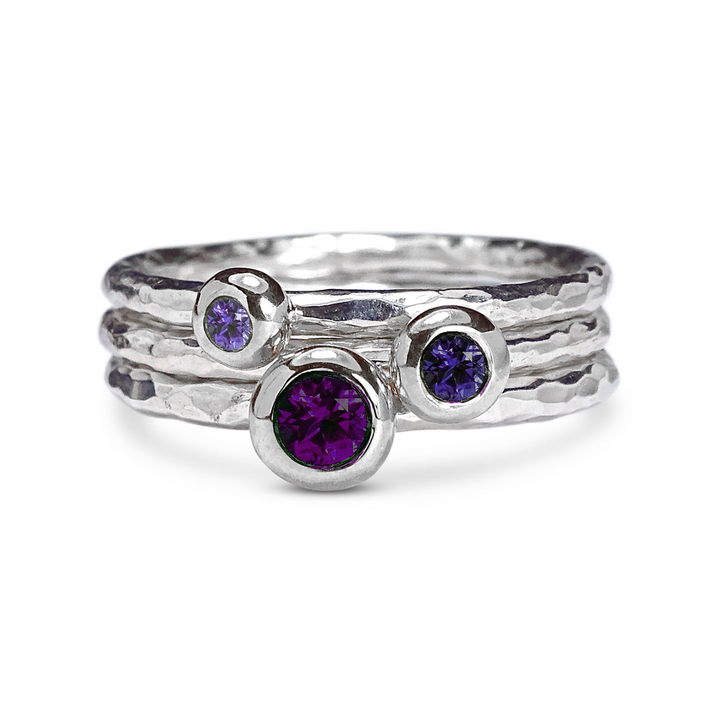 Pebble Rings Stack, Silver, 4mm Amethyst, 3.5mm and 2.5mm Tanzanite
