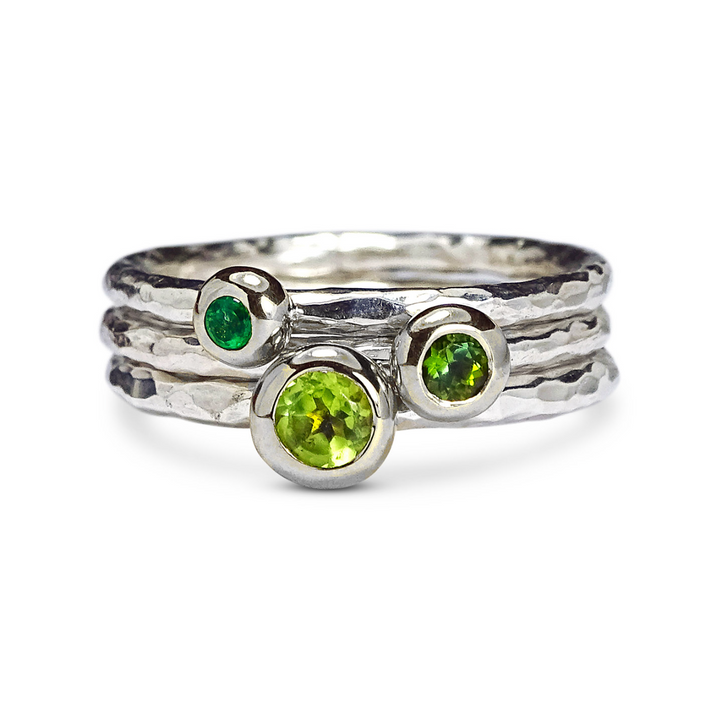 Pebble Rings Stack, Silver, 4.5mm Peridot, 3.5mm Green Tourmaline, 2.5mm Emerald