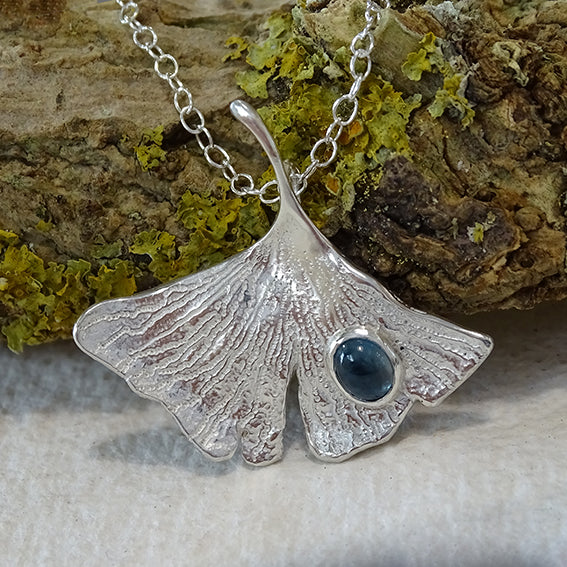 Gingko leaf pendant, small, London Blue Topaz