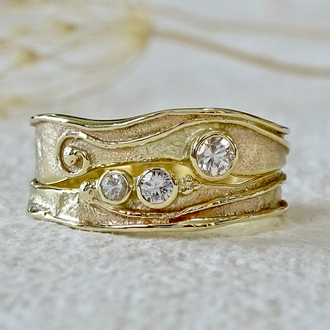 Wild Wood Narrow Tendril and Spiral ring set, white Sapphires, 9ct gold