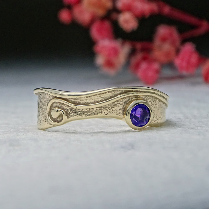 Wild Wood Narrow Tendril and Spiral ring set, Amethyst, Tanzanite and London Blue Topaz, 9ct gold